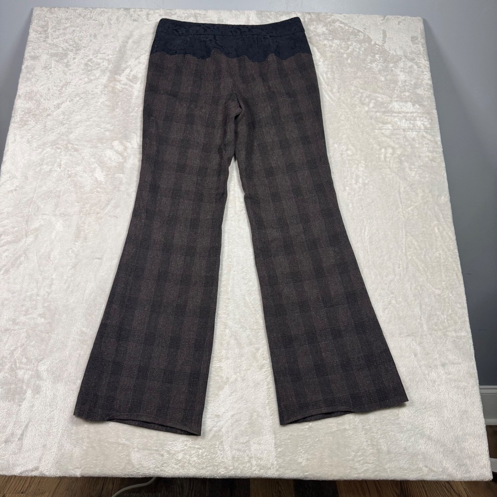 Elevenses Anthropologie Womens The Brighton Flare Pants 8 Brown Plaid 33 Inseam - Picture 8 of 13